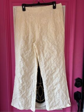 Cream Floral Jacquard Boot‑Cut Pants
